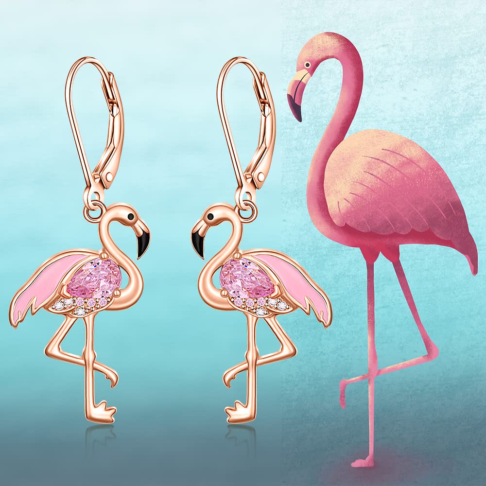 Flamingo Earrings for Women Christmas Flamingo Dangle Earrings Rose Gold Sterling Silver Leverback Flamingos Jewelry