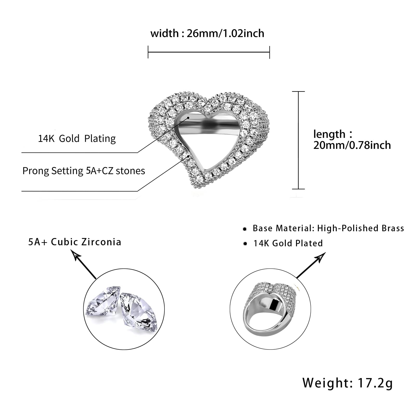 JINAO Hollow Heart Ring 14K Gold Plated Iced Out Lab Simulated Diamond Cubic Zirconia Eternity Wedding Band Ring for Men Women(Silver,11)