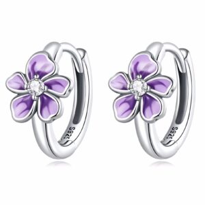 Qings Flower Small Hoop Earrings for Women, S925 Sterling Silver Hypoallergenic Huggie Hoop Earrings Purple Fresh Flower Earrings Jewelry Gifts for Women