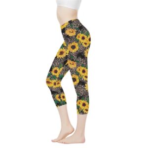 poceacles sunflower leopard print womens capri yoga leggings with pocket, high waist running yoga pants gym sport tummy control leggings