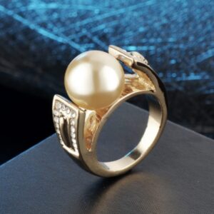 HUKQBUNX 18K Gold Simple Temperament Natural Pearl White Pearl Diamond Inlaid Women's Ring Vintage Women's Precious Couple Ring Size 6-9 (Size 9)