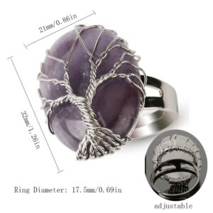 HIZI Handmade Silver Wire Wrapped Natural Stone Statement Rings, Vintage Oval Tree Of Life Adjustable Finger Ring Healing Crystal Spirit Chakra Jewelry for Women Gemstones Anillos