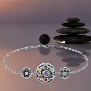 Fenthring Chakra Bracelets for Women Yoga Lotus Mandala 7 Chakra Bracelet Sterling Silver Protection Anxiety Balance Lotus Flower Meditation Gifts