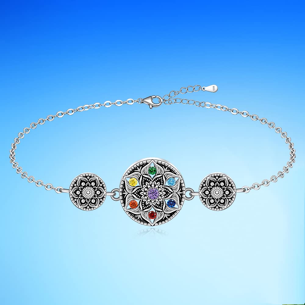 Fenthring Chakra Bracelets for Women Yoga Lotus Mandala 7 Chakra Bracelet Sterling Silver Protection Anxiety Balance Lotus Flower Meditation Gifts