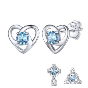 bestyle sterling silver earrings heart celtic knot stud with march birthstone synthetic blue aquamarine crystal birth earrings tiny heart stud luck irish earrings birthday gifts