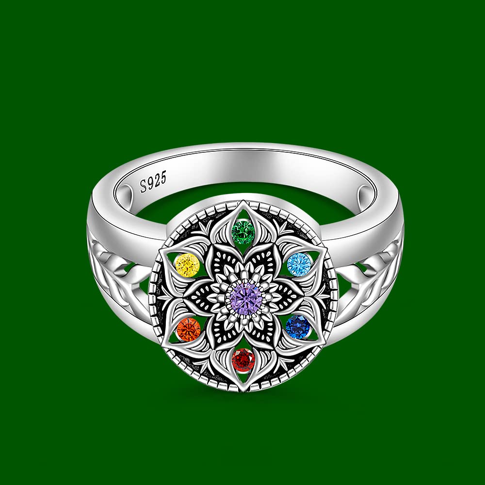 Chakra Ring Mandala Lotus Rings for Women Sterling Silver Yoga Lotus Flower Healing Crystal 7 Chakras Protection Balance Jewelry Gifts Size 7