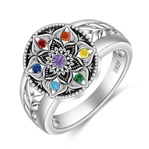 Chakra Ring Mandala Lotus Rings for Women Sterling Silver Yoga Lotus Flower Healing Crystal 7 Chakras Protection Balance Jewelry Gifts Size 7