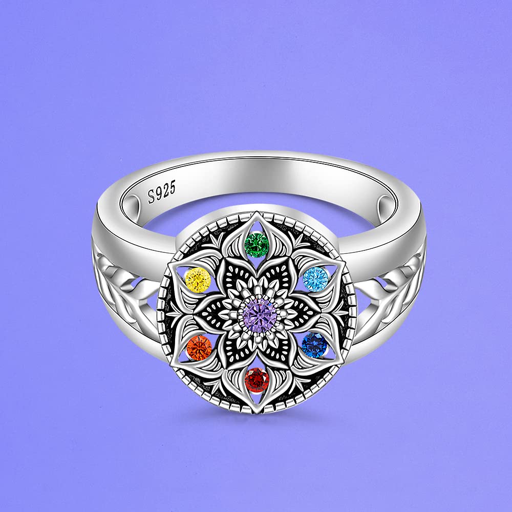 Chakra Ring Mandala Lotus Rings for Women Sterling Silver Yoga Lotus Flower Healing Crystal 7 Chakras Protection Balance Jewelry Gifts Size 7