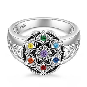 Chakra Ring Mandala Lotus Rings for Women Sterling Silver Yoga Lotus Flower Healing Crystal 7 Chakras Protection Balance Jewelry Gifts Size 7