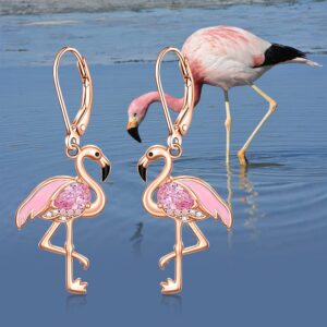 Flamingo Earrings for Women Christmas Flamingo Dangle Earrings Rose Gold Sterling Silver Leverback Flamingos Jewelry