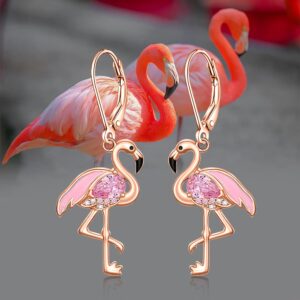 Flamingo Earrings for Women Christmas Flamingo Dangle Earrings Rose Gold Sterling Silver Leverback Flamingos Jewelry