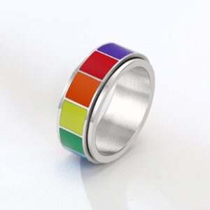 ANIEJUFI Stainless Steel Rainbow LGBT Spinner Ring Gay Lesbians Pride Jewelry Fidget Band Rings for Men Women Silver Size 12