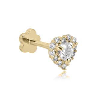 avora 14k yellow gold heart-shaped simulated diamond cz halo cartilage piercing flat back earring body jewelry (18 gauge)