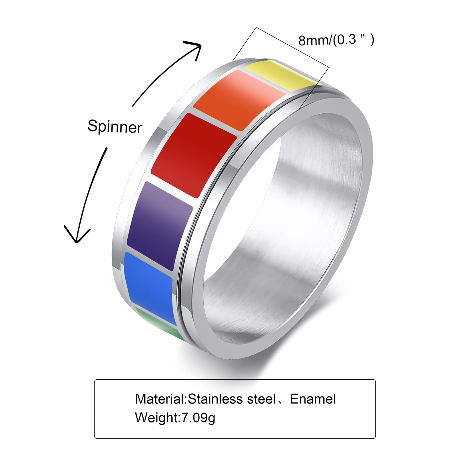 ANIEJUFI Stainless Steel Rainbow LGBT Spinner Ring Gay Lesbians Pride Jewelry Fidget Band Rings for Men Women Silver Size 12