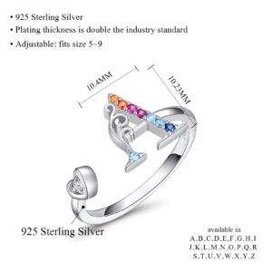 FOREVER QUEEN Adjustable Initial Ring,925 Sterling Silver Statement Rings with Colorful Stone, Personalized Letter Stacking Ring Alphabet A to Z for Women