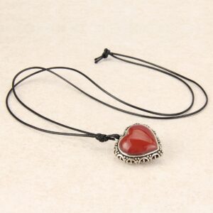 GelConnie Leather Pendants for Women Red Heart Necklace Alloy Agate Pendant Necklace Ethnic Brown Leather Necklace Choker Chunky Pendant Necklaces