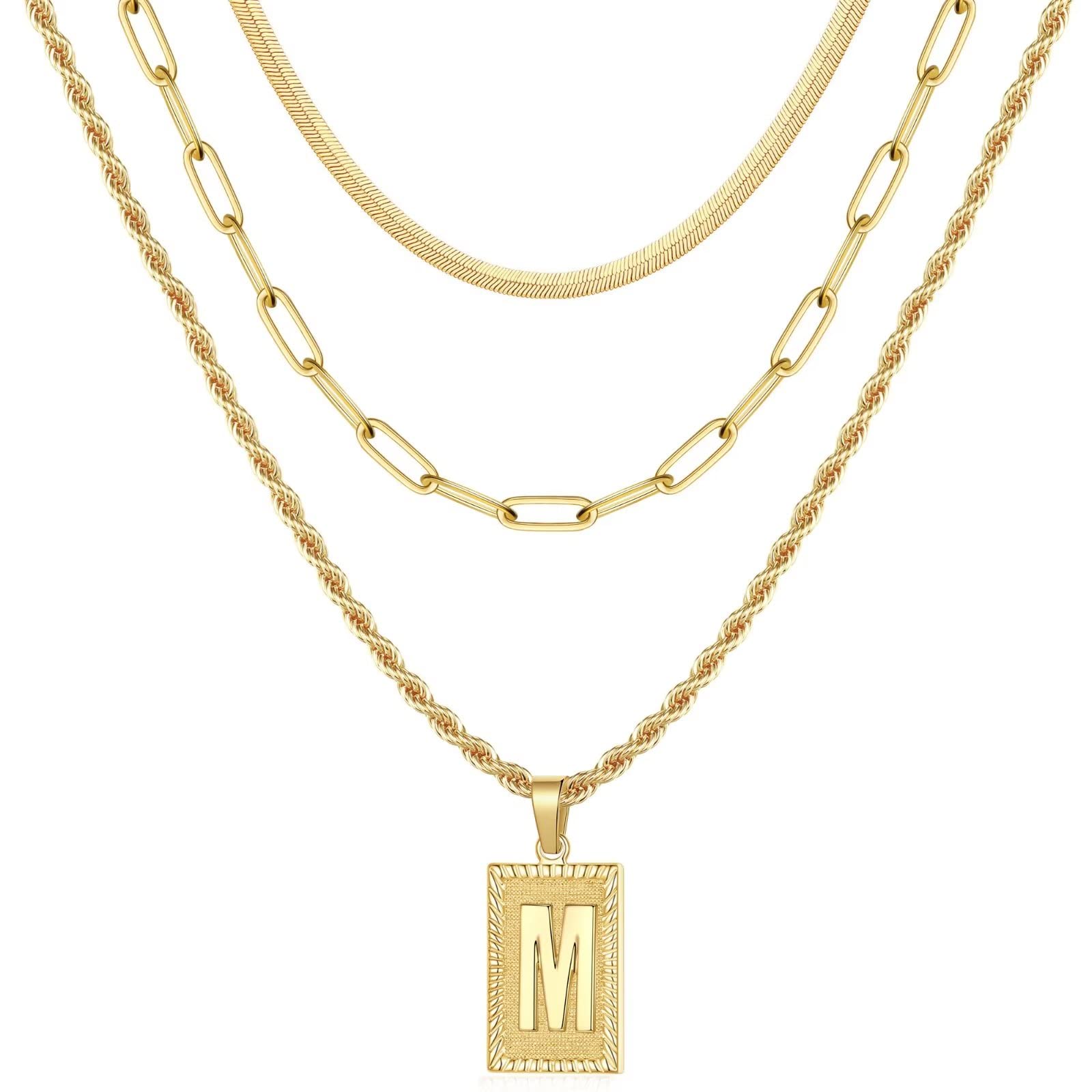 Layered Initial Necklaces for Women, 14K Gold Plated Layering Snake Choker Necklace Paperclip Chain Necklace Square Letter M Initial Necklace Gold Layered Necklaces for Women Gold Necklaces for Women