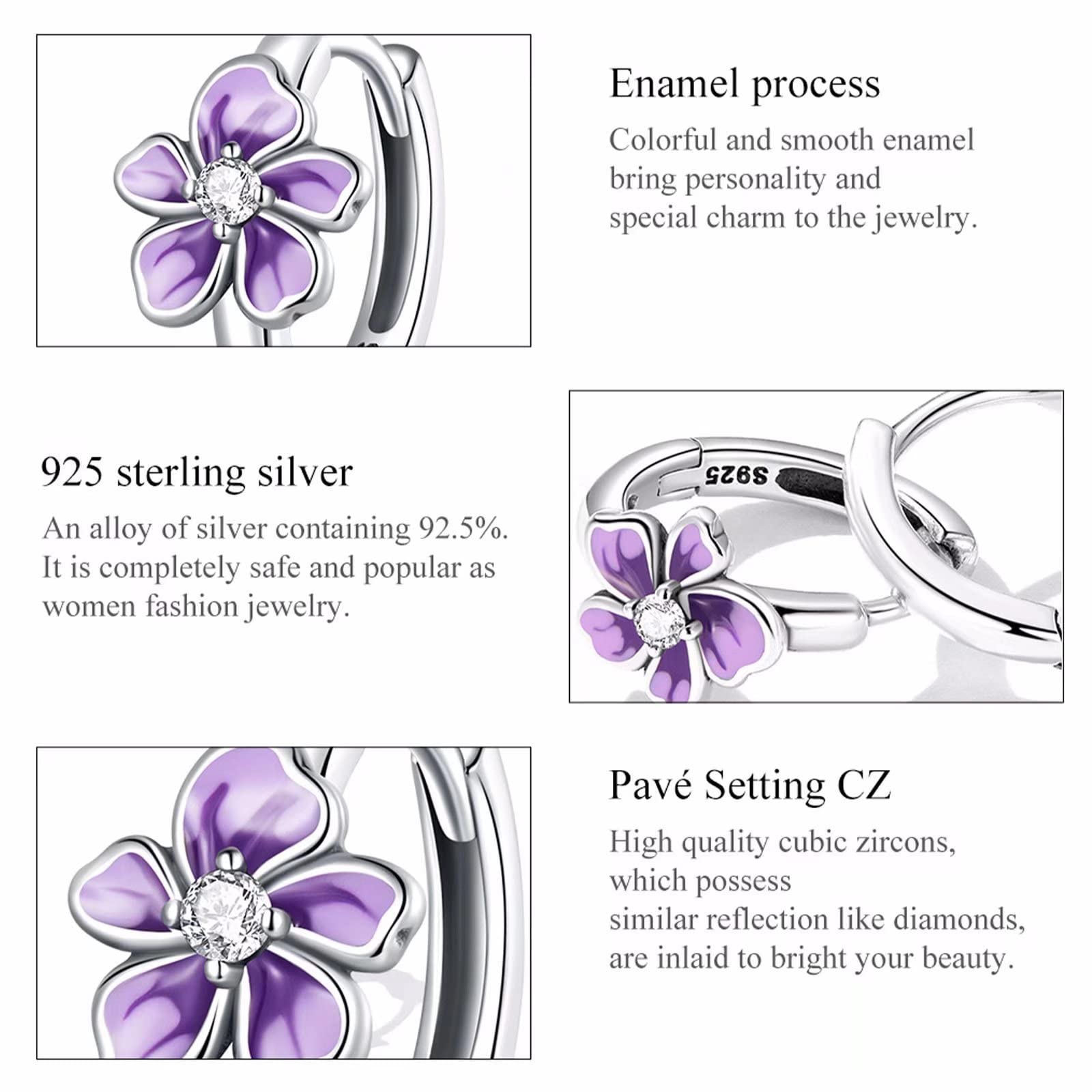 Qings Flower Small Hoop Earrings for Women, S925 Sterling Silver Hypoallergenic Huggie Hoop Earrings Purple Fresh Flower Earrings Jewelry Gifts for Women