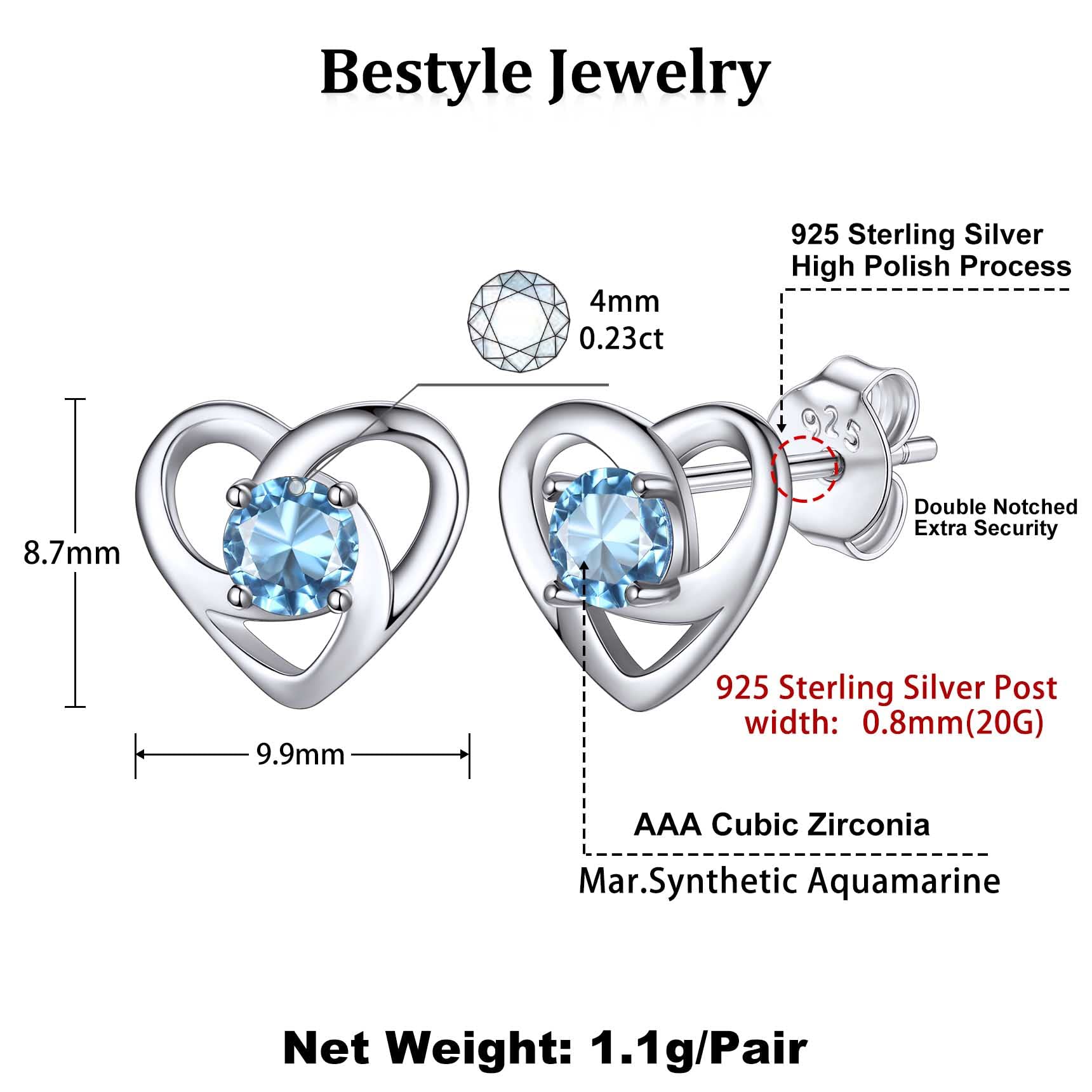 Bestyle Sterling Silver Earrings Heart Celtic Knot Stud with March Birthstone Synthetic Blue Aquamarine Crystal Birth Earrings Tiny Heart Stud Luck Irish Earrings Birthday Gifts