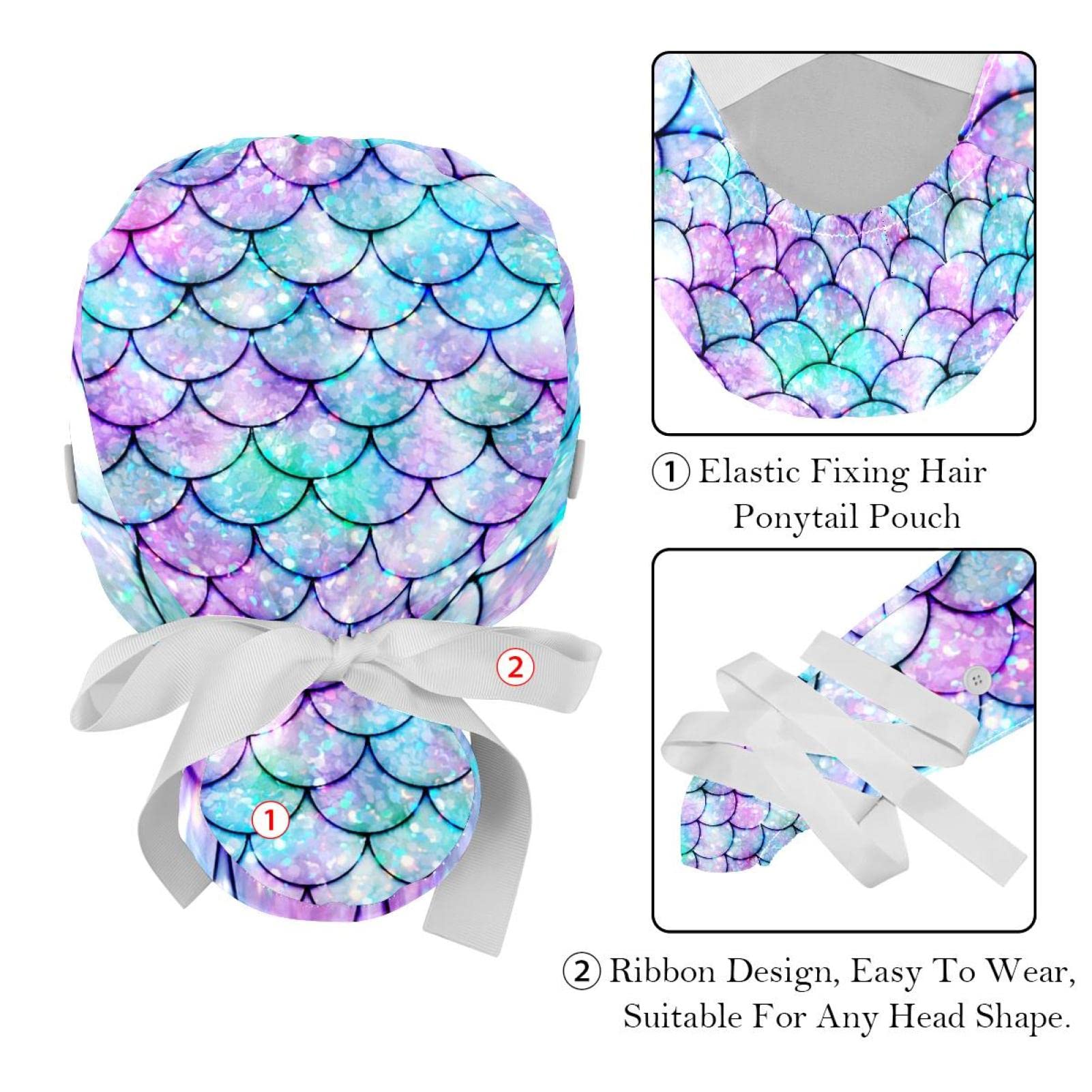 Podery Mermaid Scales Working Cap with Button & Sweatband, 2 Packs Reusable Surgical Surgery Hats Ponytail Holder, Multi Color, Multicolor, Medium-3X-Large