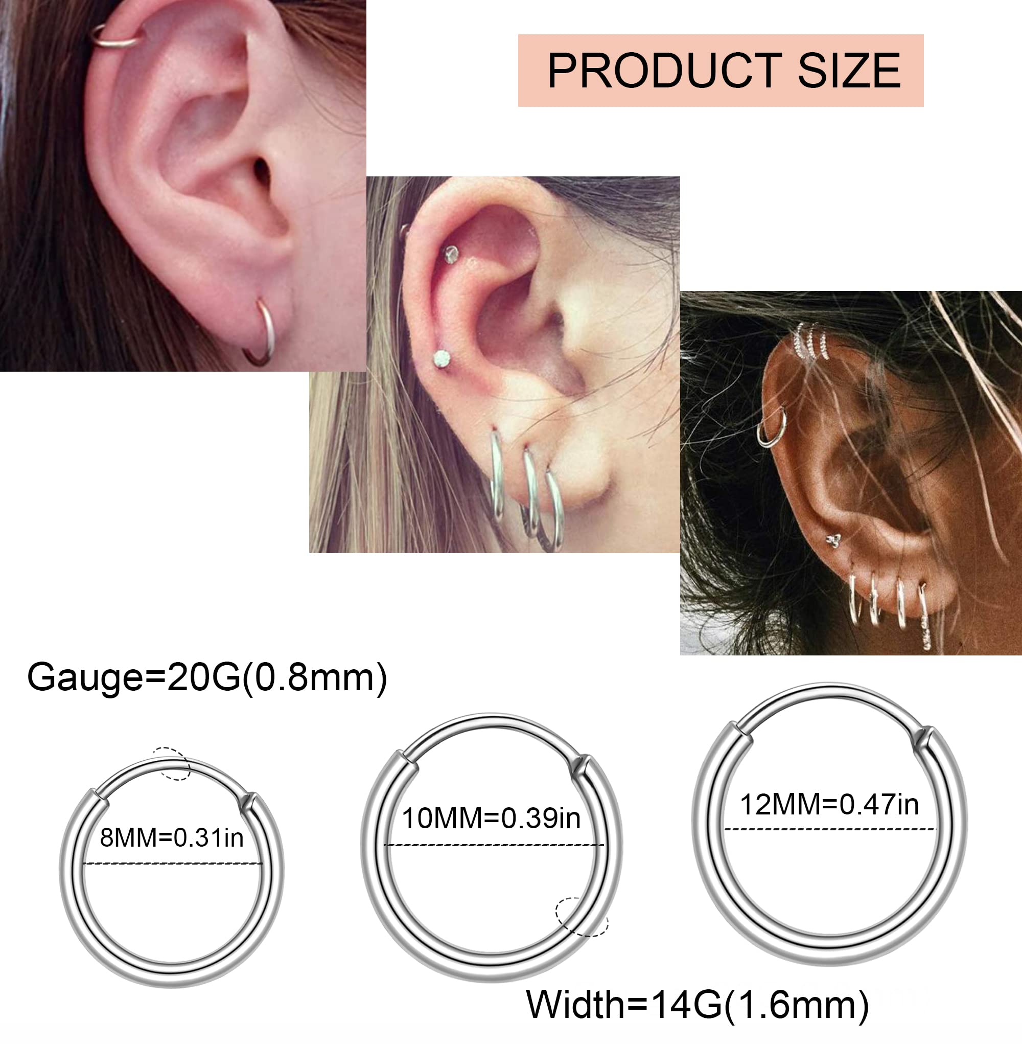 PLOMFOV 20G Stainless Steel Stud Earrings for Women Men CZ Heart Star Moon Flat Back Earrings Cartilage Hoops Helix Tragus Daith Earrings Piercing Jewelry Silver