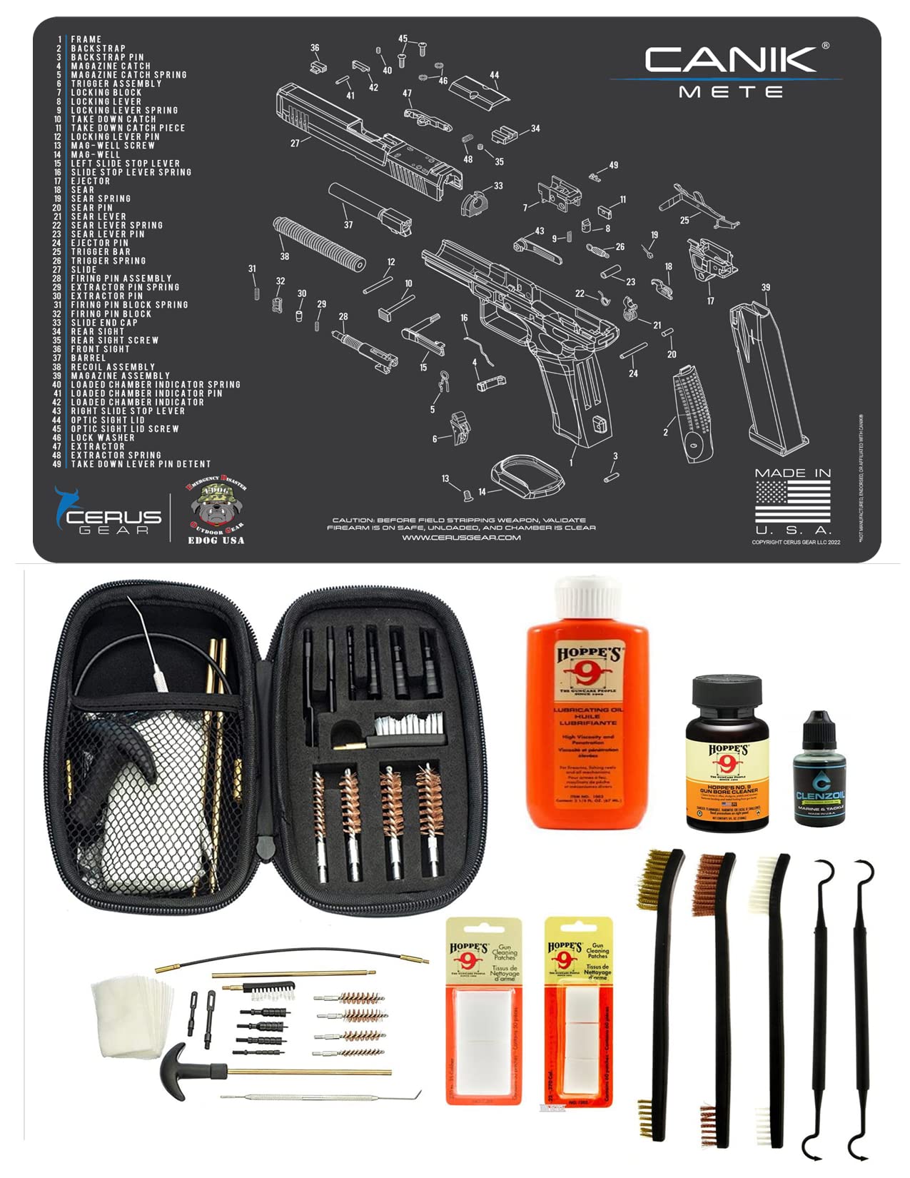 EDOG Range Warrior 27 Pc Gun Cleaning Kit - Compatible with Canik Mete - Schematic (Exploded View) Mat, Range Warrior Universal .22 9mm - .45 Kit & Tac Book Accessories Set