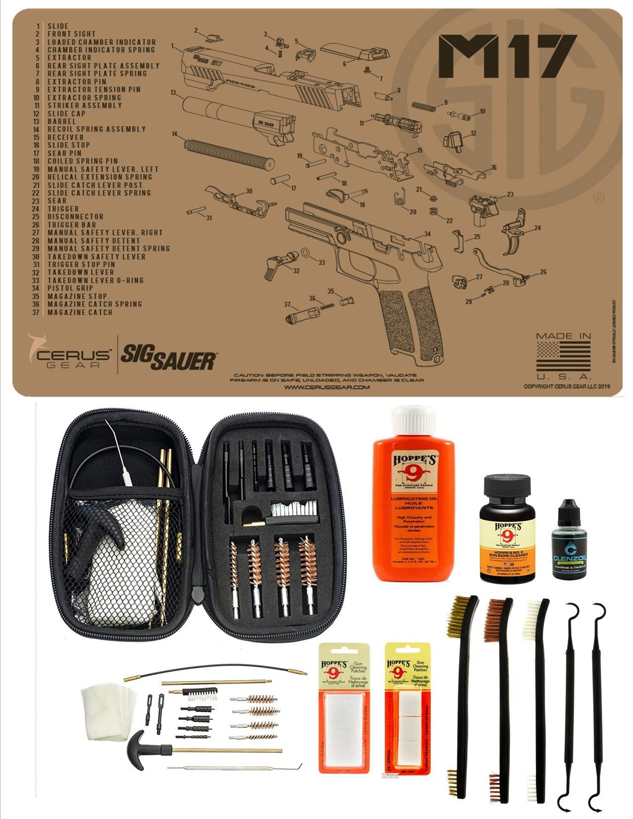 Range Warrior 27 Pc Gun Cleaning Kit - Compatible with SIG M17 TAN - Schematic (Exploded View) Mat, Range Warrior Universal .22 9mm - .45 Kit & Tac Book Accessories Set