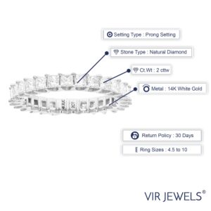 Vir Jewels 2 cttw Diamond Eternity Ring for Women, Princess Cut Diamond Wedding Band in 14K White Gold Prong Set, Size 6