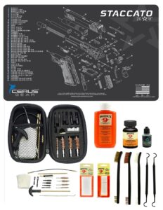 range warrior 27 pc gun cleaning kit - compatible with staccato - schematic (exploded view) mat, range warrior universal .22 9mm - .45 kit & tac book accessories set