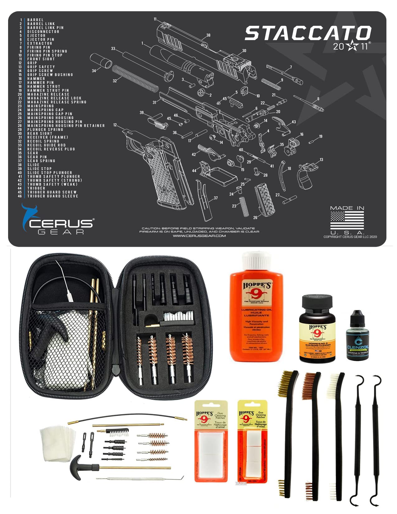 Range Warrior 27 Pc Gun Cleaning Kit - Compatible with Staccato - Schematic (Exploded View) Mat, Range Warrior Universal .22 9mm - .45 Kit & Tac Book Accessories Set