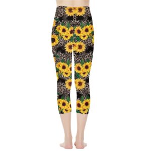 Poceacles Sunflower Leopard Print Womens Capri Yoga Leggings with Pocket, High Waist Running Yoga Pants Gym Sport Tummy Control Leggings