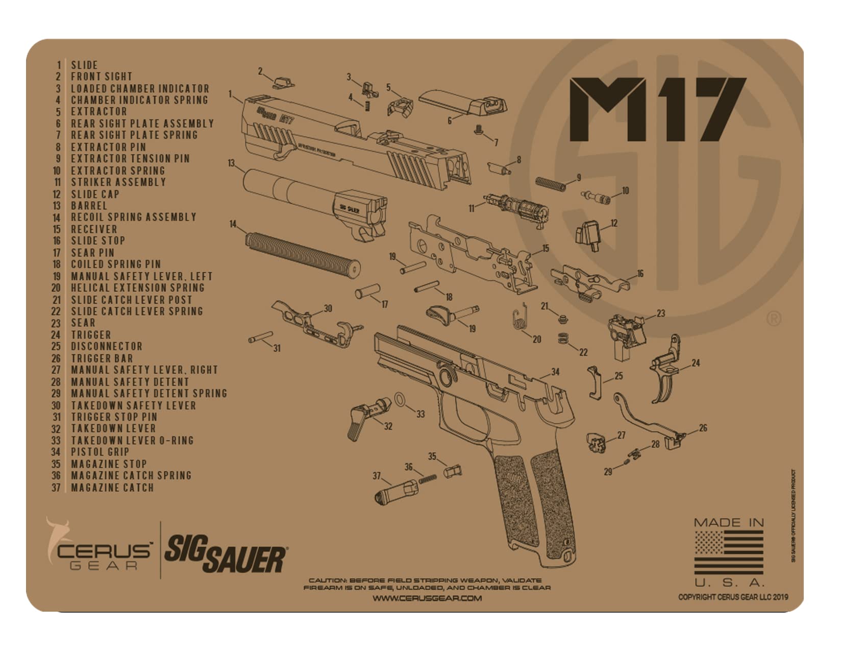 Range Warrior 27 Pc Gun Cleaning Kit - Compatible with SIG M17 TAN - Schematic (Exploded View) Mat, Range Warrior Universal .22 9mm - .45 Kit & Tac Book Accessories Set