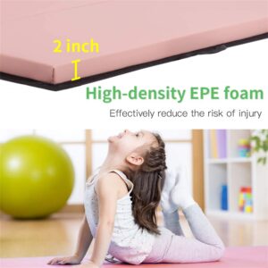 CL.HPAHKL 4-Fold Gymnastics Mats 6'x4'x2" Thick Tumbling Mats Exercise Mat with Carrying Handles Lightweight Pu Leather Gymnastics Panel Mat for Stretching Yoga Aerobics Home Exercise(Pink)