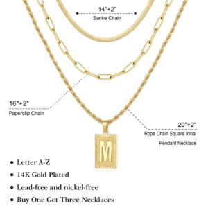 Layered Initial Necklaces for Women, 14K Gold Plated Layering Snake Choker Necklace Paperclip Chain Necklace Square Letter M Initial Necklace Gold Layered Necklaces for Women Gold Necklaces for Women