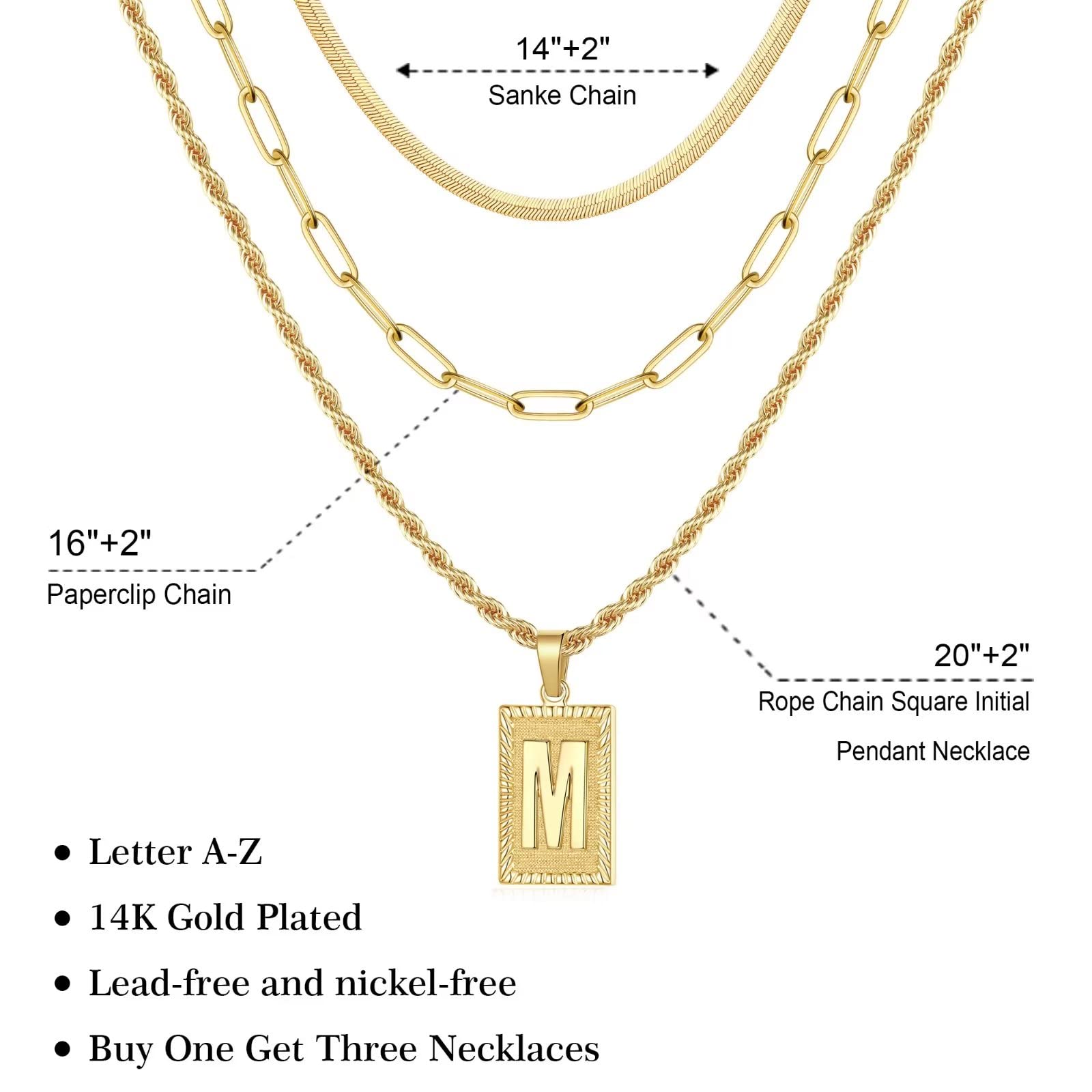 Layered Initial Necklaces for Women, 14K Gold Plated Layering Snake Choker Necklace Paperclip Chain Necklace Square Letter M Initial Necklace Gold Layered Necklaces for Women Gold Necklaces for Women