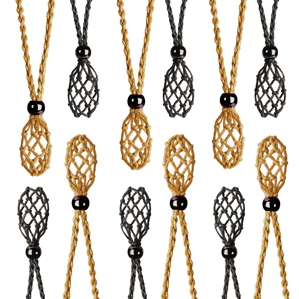 Anjiucc 12 PCS Crystal Cage Necklace Holder Necklace Cord Empty Stone Holder Pendant Stone Holder Replacement Hand-Woven Necklace Cord with Adjustable Length (6pcs Coffee+6pcs Black)