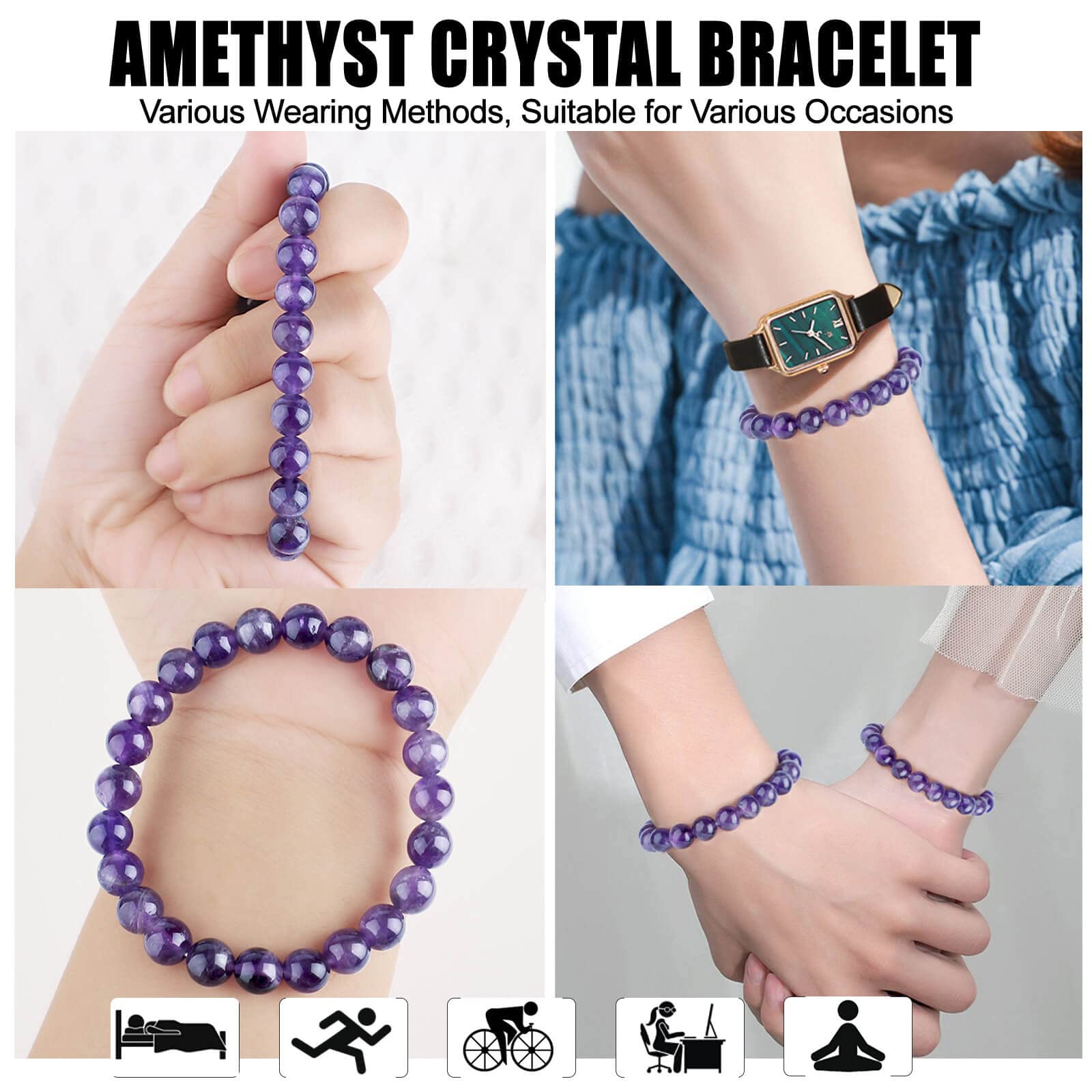 HOZEAL Handmade Amethyst Bracelet, Love Friendship Crystal Stone Protection Amethyst Bracelet, Business Money Wealth Prosperity Good Luck Energy Beaded Bracelets for Men Women