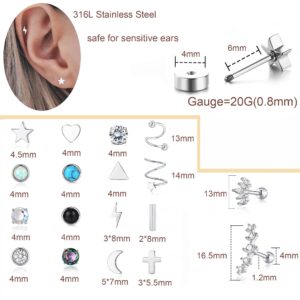 PLOMFOV 20G Stainless Steel Stud Earrings for Women Men CZ Heart Star Moon Flat Back Earrings Cartilage Hoops Helix Tragus Daith Earrings Piercing Jewelry Silver