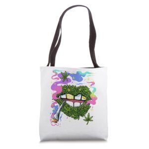 funny pot leaf lips marijuana smoking joint tote bag