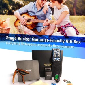 Stage Rocker Guitar Accessories Gift Box for Acoustic and Electric Guitars, Blue Jacquard Weave Guitar Strap, Picks, Capo, Tuner, Cleaning Cloth, 5-in-1 Essential Gift