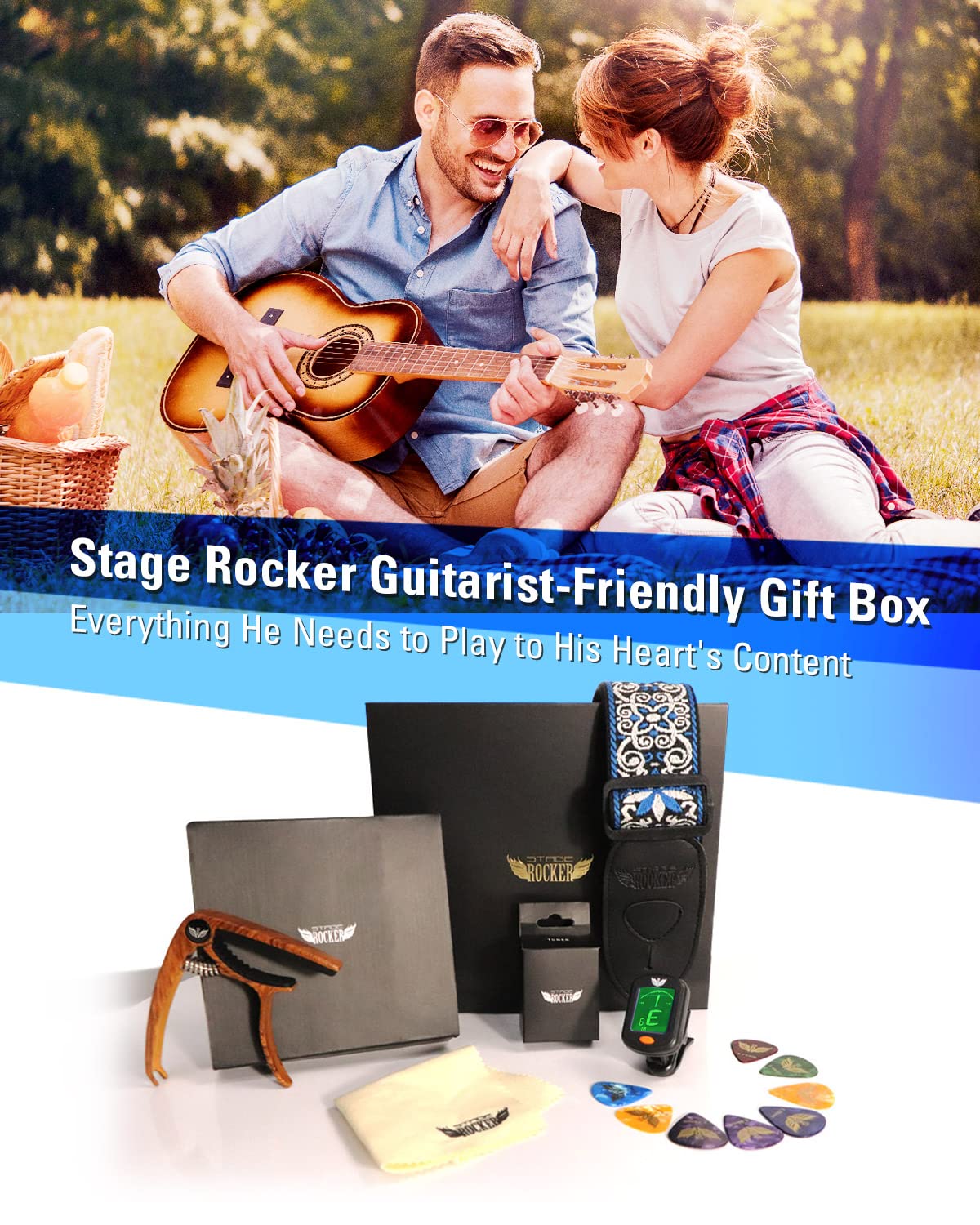 Stage Rocker Guitar Accessories Gift Box for Acoustic and Electric Guitars, Blue Jacquard Weave Guitar Strap, Picks, Capo, Tuner, Cleaning Cloth, 5-in-1 Essential Gift