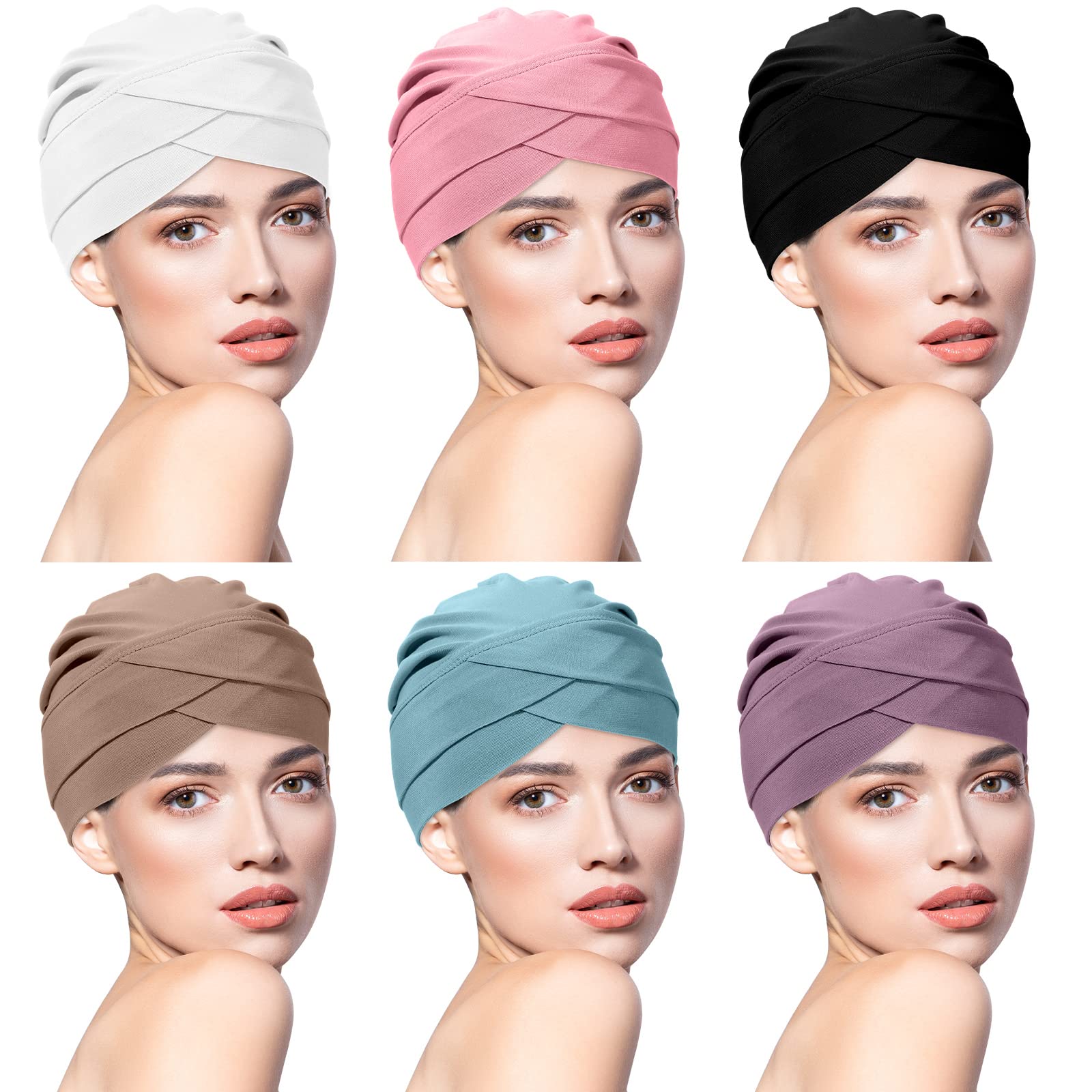 Coume 6 Pcs Slouchy Turban Hats Cancer Headwear Cancer Sleep Cap Lightweight Stretchy Turban Head Wrap Head Covering, 6 Color (Vivid Color)