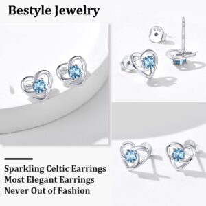 Bestyle Sterling Silver Earrings Heart Celtic Knot Stud with March Birthstone Synthetic Blue Aquamarine Crystal Birth Earrings Tiny Heart Stud Luck Irish Earrings Birthday Gifts