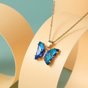 BONJOULRY Butterfly Iridescent Crystal Necklace for Women: Stainless Steel Chain Minimalist Bohemian Dainty Choker Necklaces Aesthetic Butterfly Jewelry Gifts (Gold Plated | Sapphire Blue)