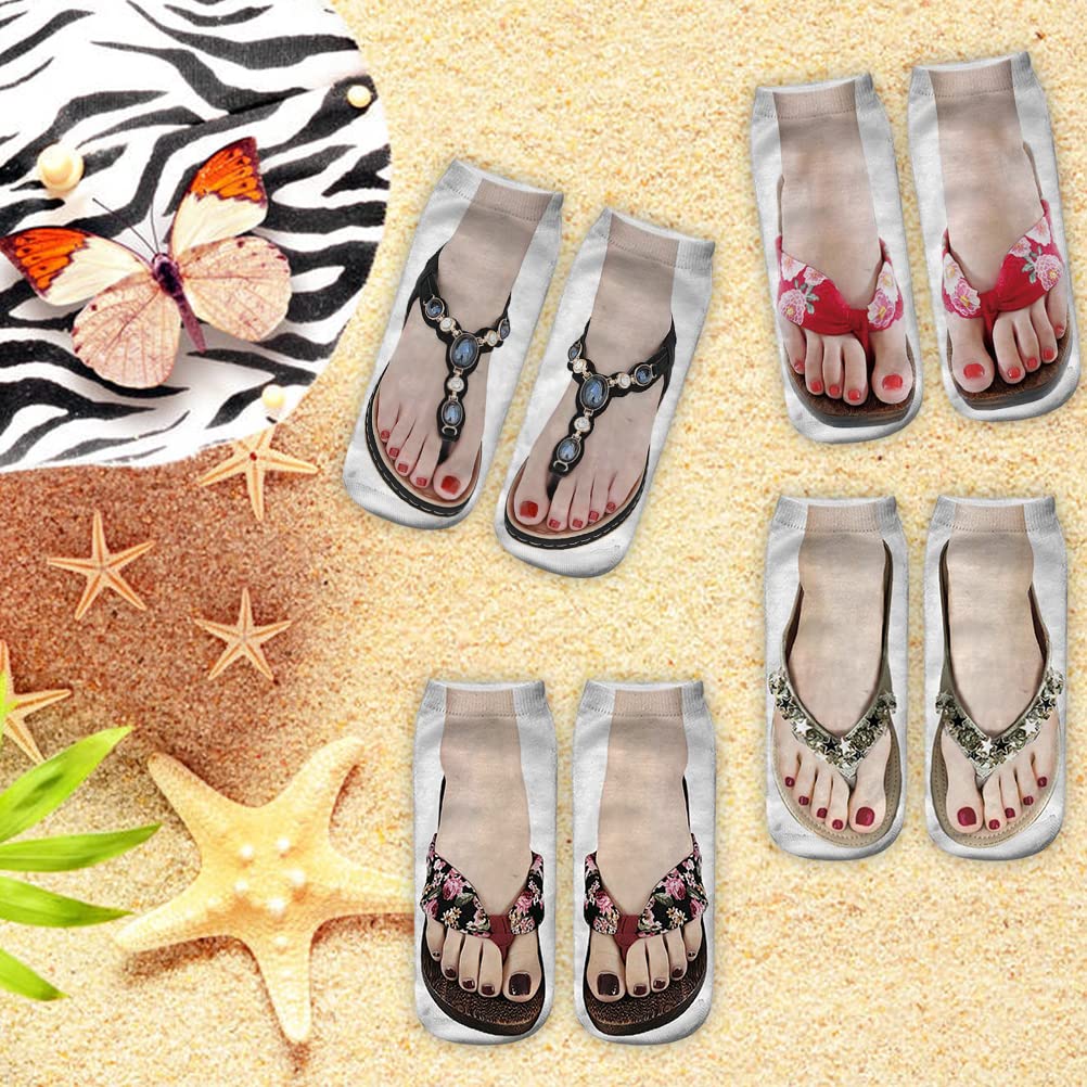 Syrisora 4 Pairs Funny Flip Flop Socks - Manicure Print Socks 3D Pattern Socks Sandal Printed Socks Low Cut Ankle Socks Running Yoga Socks (B)