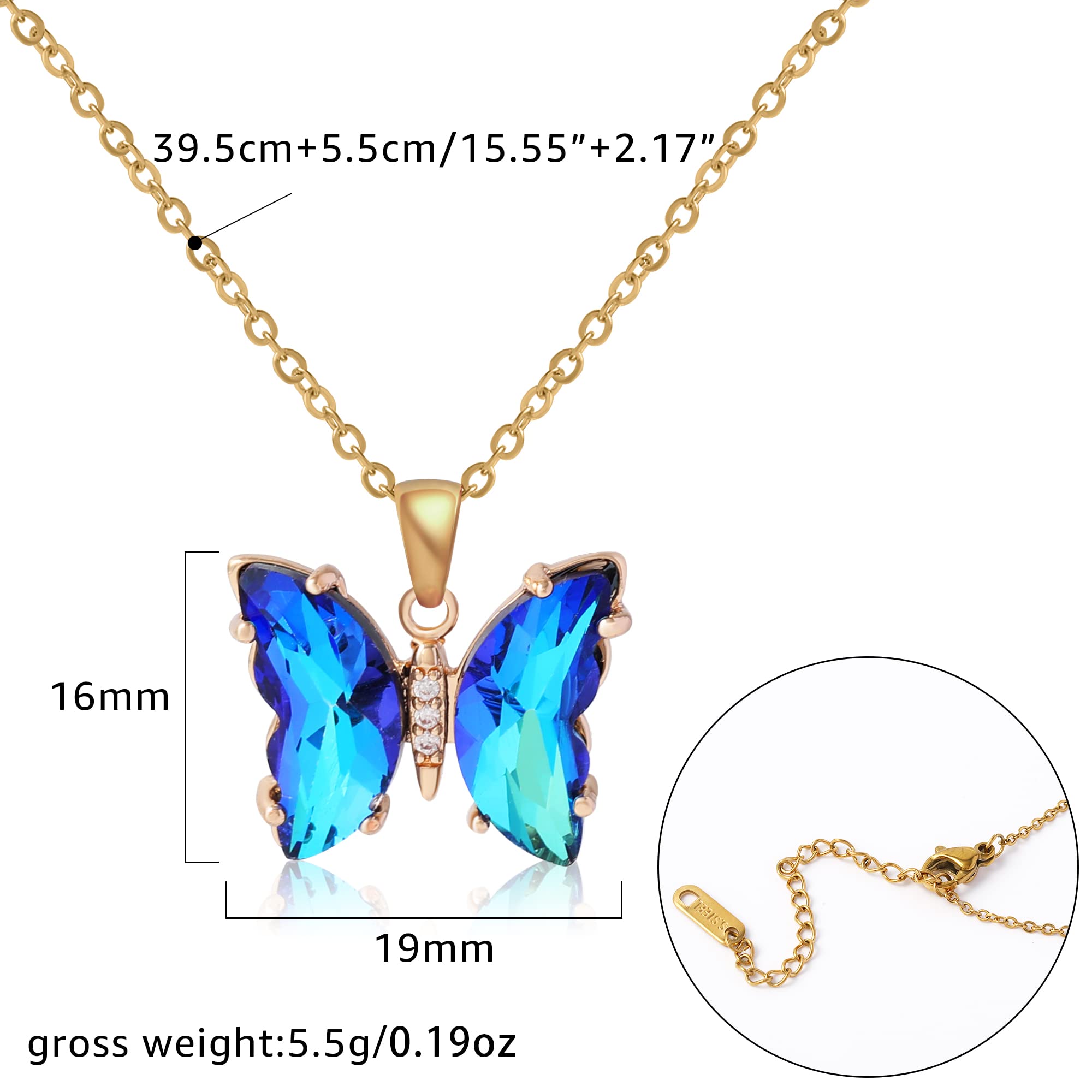 BONJOULRY Butterfly Iridescent Crystal Necklace for Women: Stainless Steel Chain Minimalist Bohemian Dainty Choker Necklaces Aesthetic Butterfly Jewelry Gifts (Gold Plated | Sapphire Blue)