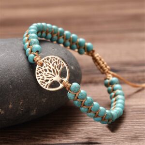 Layered Tree of Life Love Heart Natural Stone Beaded Braide Rope Bracelet Adjustable Round Chakra Yoga Meditation Bracelet for Women Men Anxiety Relief Geometric Jewelry-I blue