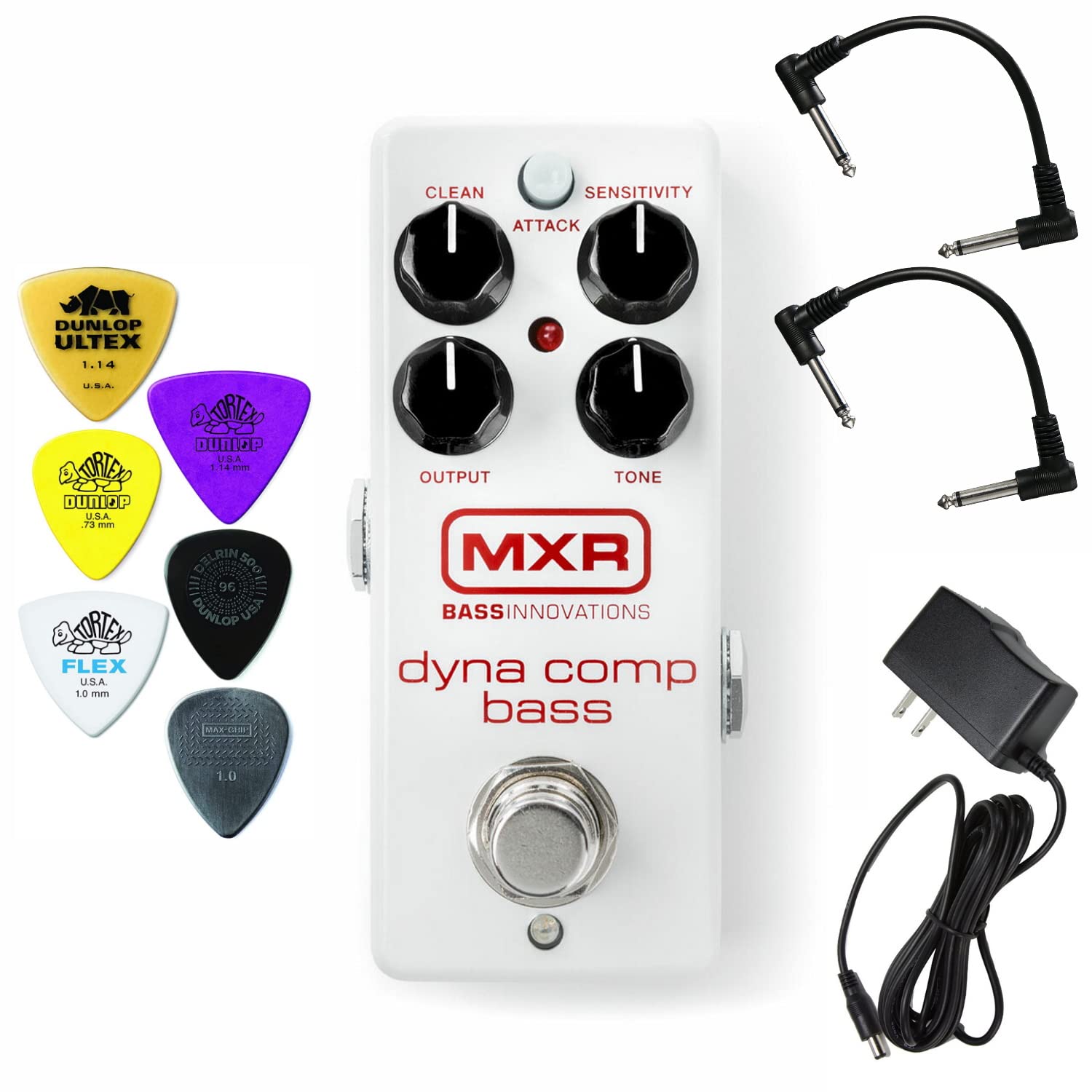 Briskdrop MXR M282 Bass Dyna Comp Mini Bundle with 2 Patch Cables, Dunlop Pick Pack, and Power Supply