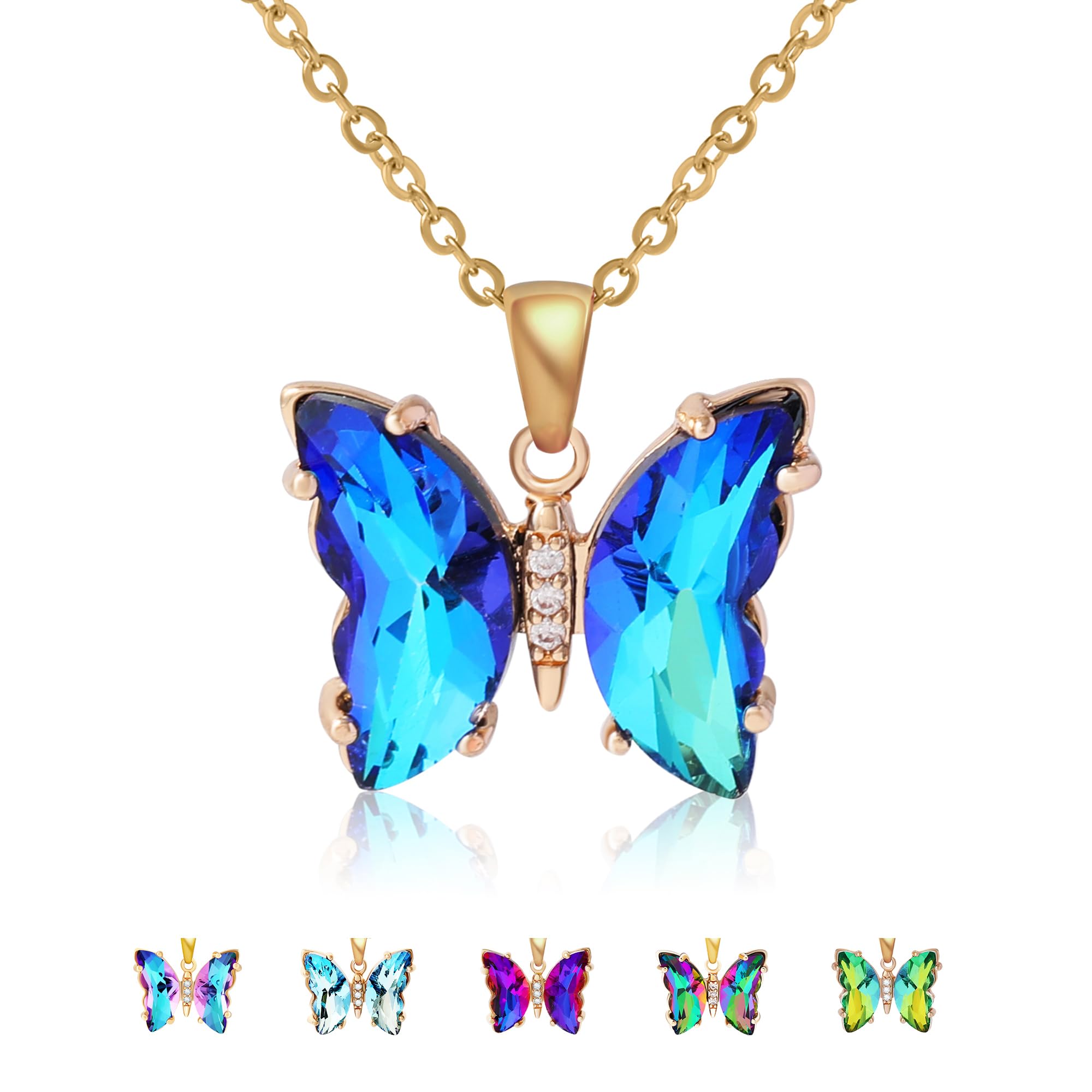 BONJOULRY Butterfly Iridescent Crystal Necklace for Women: Stainless Steel Chain Minimalist Bohemian Dainty Choker Necklaces Aesthetic Butterfly Jewelry Gifts (Gold Plated | Sapphire Blue)