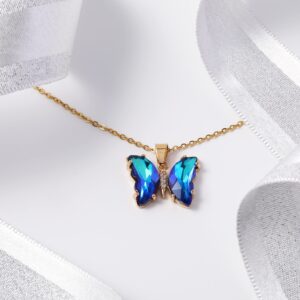 BONJOULRY Butterfly Iridescent Crystal Necklace for Women: Stainless Steel Chain Minimalist Bohemian Dainty Choker Necklaces Aesthetic Butterfly Jewelry Gifts (Gold Plated | Sapphire Blue)